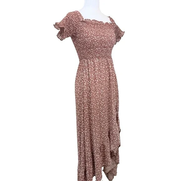 Mi Ami Womens Small Floral Smocked Midi Dress Rust Red White Off Shoulder Boho - Picture 3 of 9